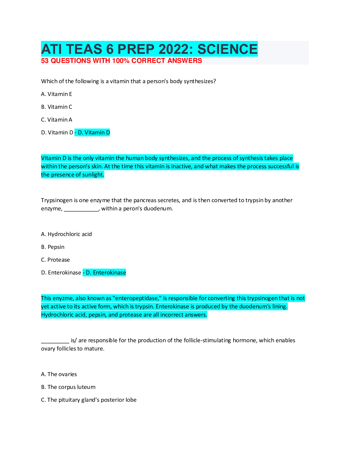 Preview of ATI TEAS 6 PREP 2022: SCIENCE 53 QUESTIONS WITH 100% CORRECT ANSWERS